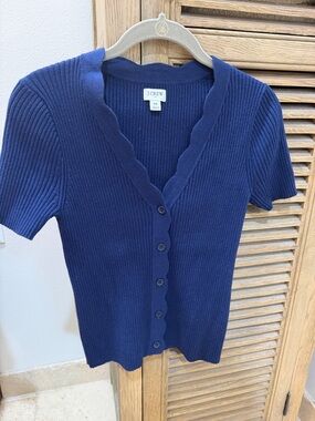 J. Crew Navy Ribbed Scallop-Edge Short Sleeve Cardigan size xsmall